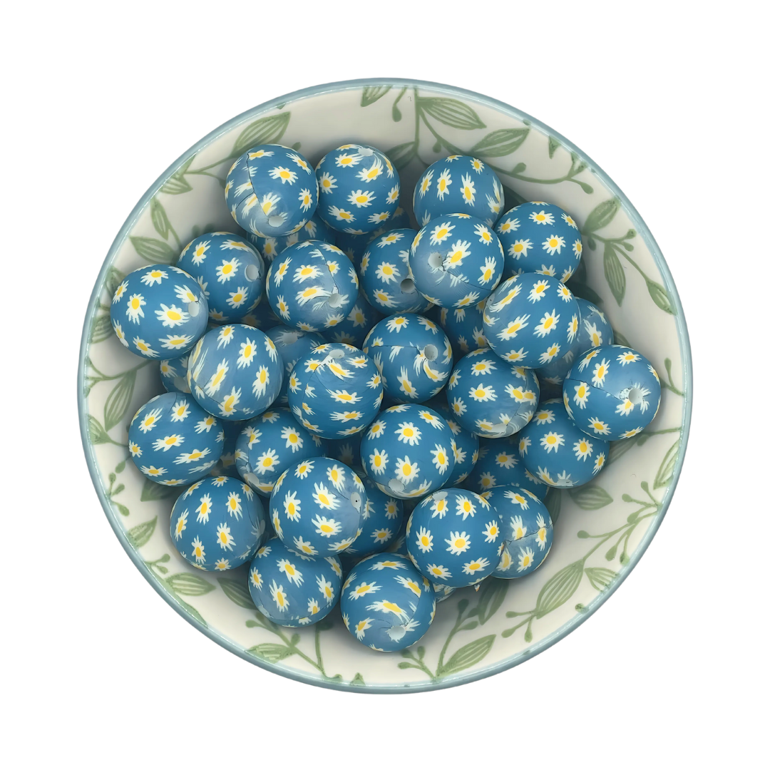 Siliconen printkralen 15mm Daisy blauw