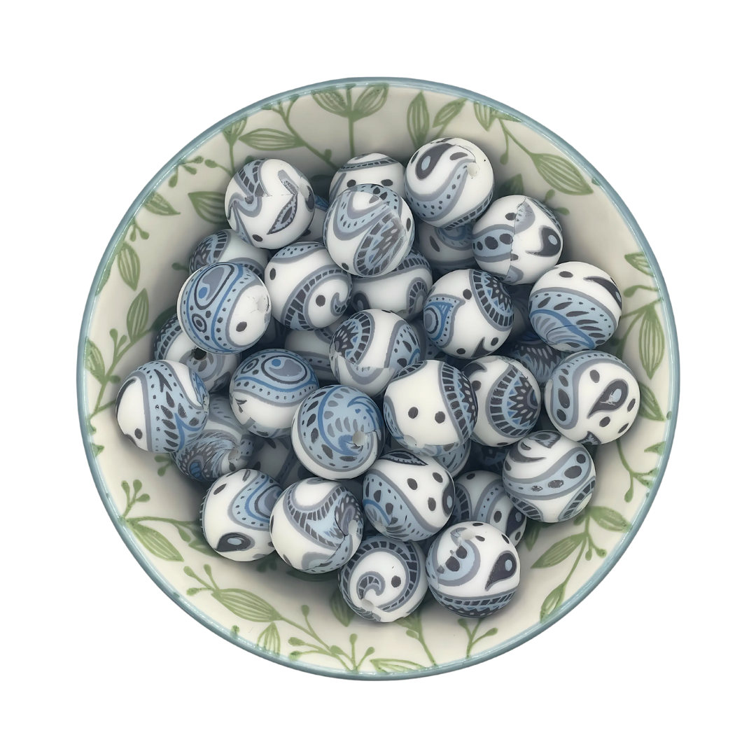 Siliconen printkralen 15mm paisley blauw