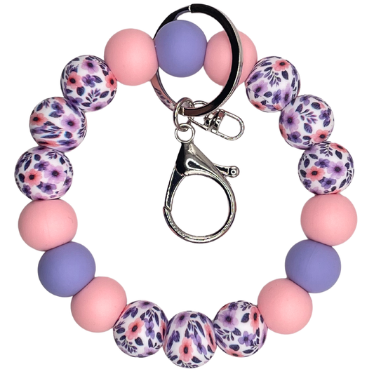 Keychain wristlet sleutelhanger met bloemen print roze/lila
