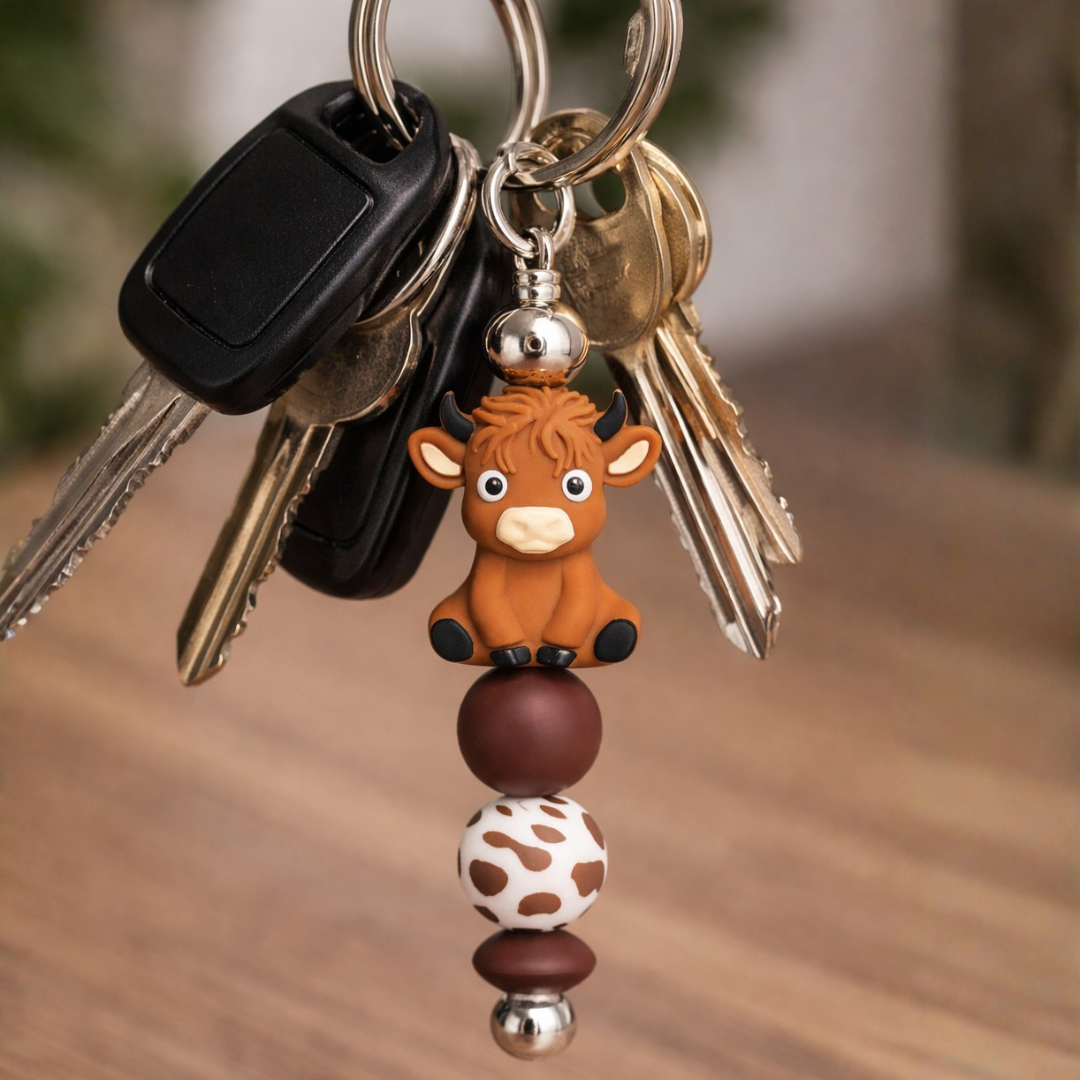 Sleutelhanger koe bruin siliconen kralen