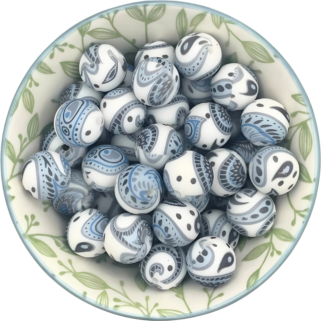 Siliconen Prinkralen 15mm paisley blauw
